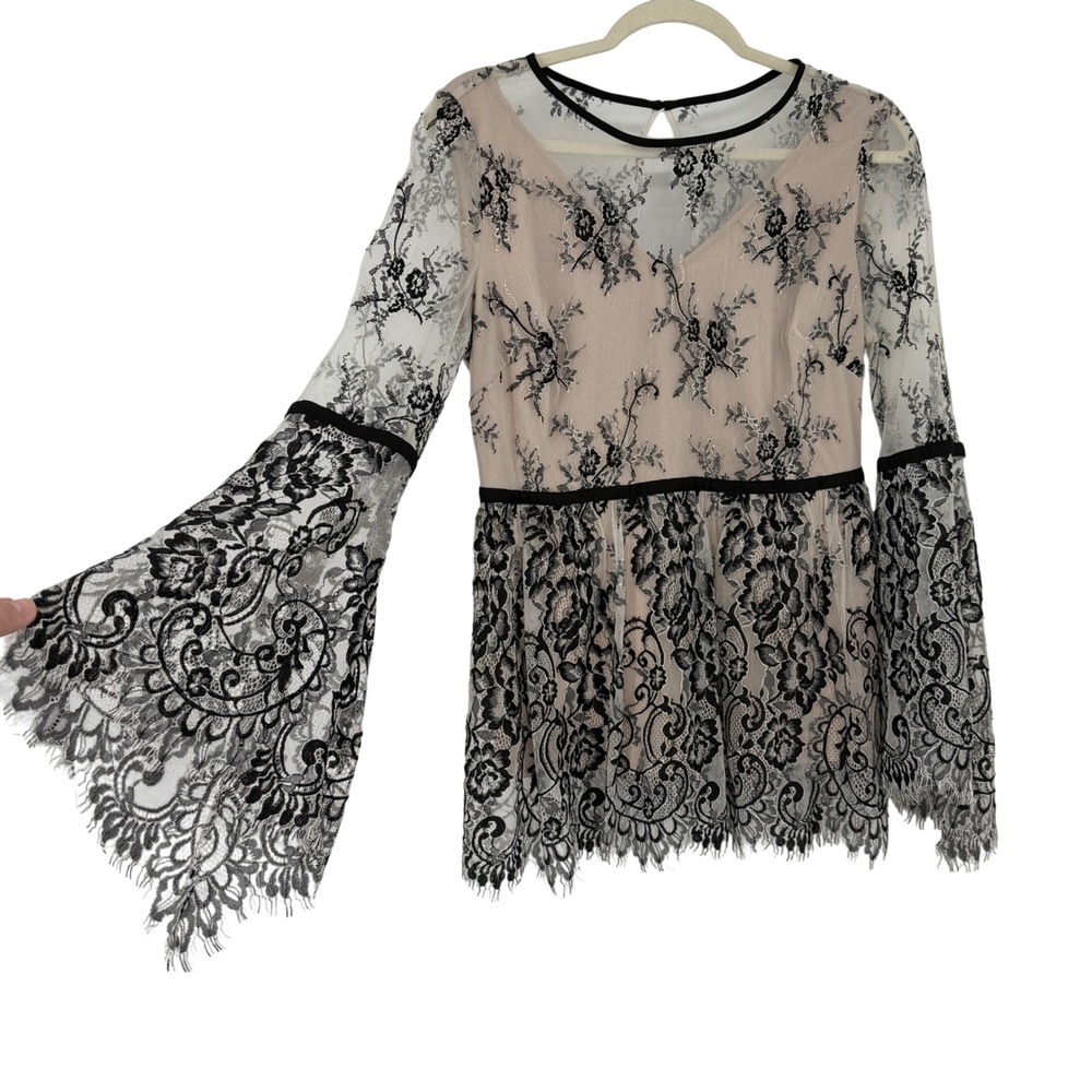 Sheer Lace Bell Sleeve Top Black Nude Romantic Boho Formal Blouse Size 4